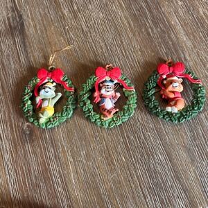 3 Christmas Ornaments Cute Cartoon Characters Wreath Red Bows Holiday Vintage